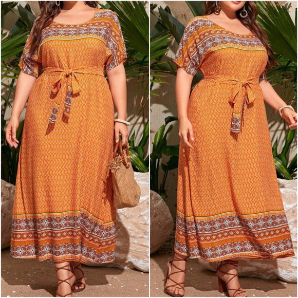 BellanBlue Dresses & Skirts - PLUS Orange Tribal Print Maxi Dress Belted